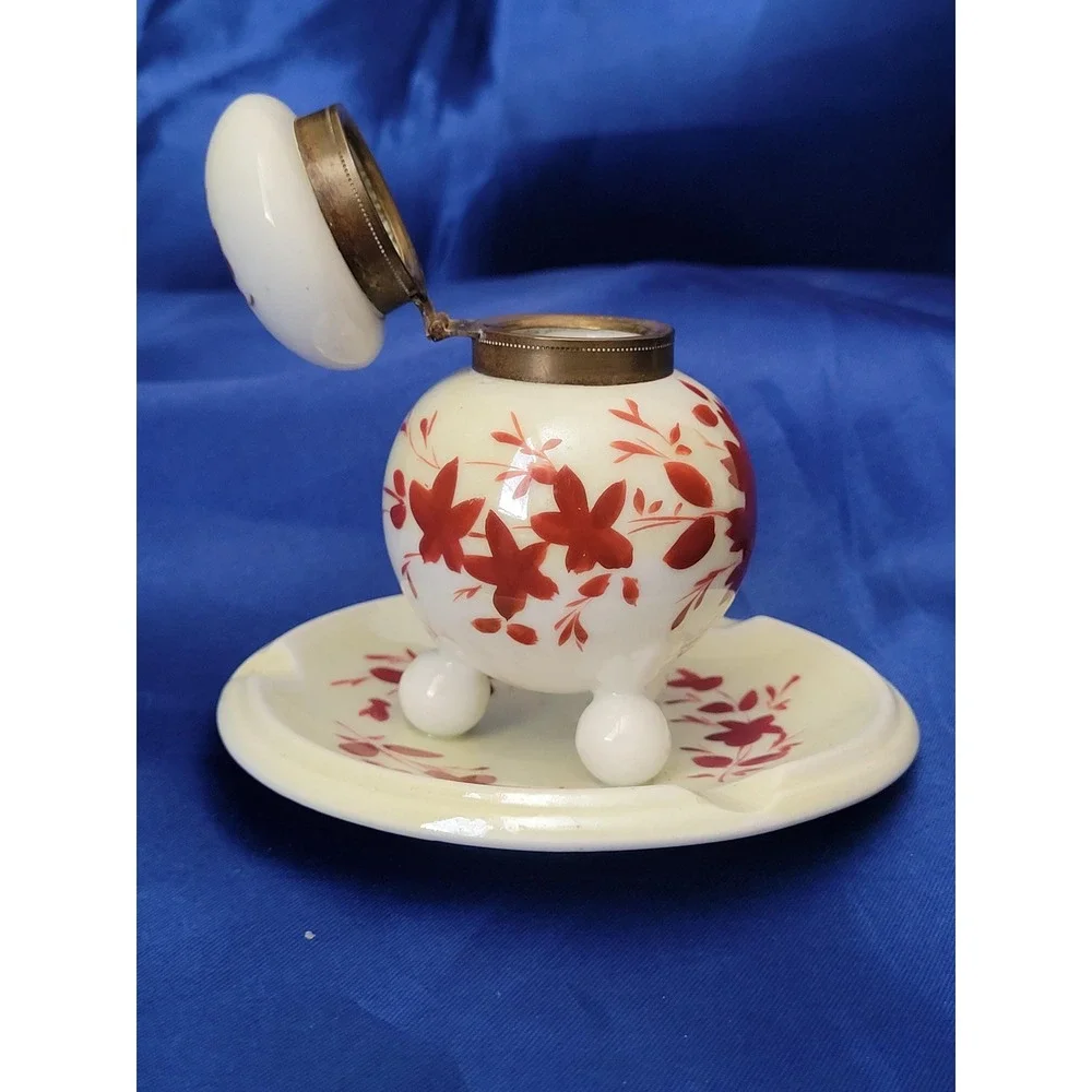 Antique Porcelain Desk Inkwell with Attached Saucer Tray 1900s